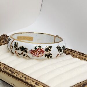 Vintage Chinese Cloisene Enamel White Floral‎ Hinged Bangle Bracelet Collectible